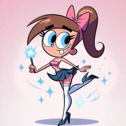 after_transformation ai_generated bow genderswap_(mtf) high_heels magic miniskirt pleated_skirt ponytail rule_63 stockings the_fairly_oddparents timantha timmy_turner tubetop