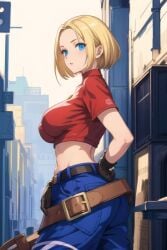 1girls ai_generated belt big_breasts blonde_hair blue_eyes blue_mary clothed female female_only gloves jeans king_of_fighters light-skinned_female light_skin looking_back outdoors outside red_shirt shirt short_hair