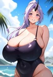 ai_due ai_generated beach big_woman bigger_female gigantic_breasts horn horns huge_breasts huge_thighs light-skinned_female light_skin looking_at_viewer massive_breasts one-piece_swimsuit oni oni_female oni_horns ponytail purple_eyes purple_hair shion_(tensei_shitara_slime_datta_ken) smiling solo_female squatting sweat sweatdrop tensei_shitara_slime_datta_ken thick_body thick_female thick_thighs thighs voluptuous voluptuous_female