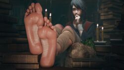 1girl 3d arm_wraps armwear barefoot black_hair blue_eyes book candle elden_ring feet feet_together feet_up foot_fetish foot_focus leg_wrap legwear looking_at_viewer sorceress_sellen tagme thinking zmsfm