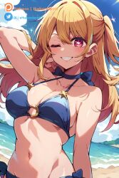 1girls ai_generated bangs beach belly big_breasts bikini blonde_hair blue_bikini blush bouncing_breasts breasts cleavage curvaceous curvaceous_female curvaceous_figure curvy curvy_figure cute cute_face eyebrows_visible_through_hair female female_focus highres hoshino_ruby huge_breasts light-skinned_female light_skin looking_at_viewer medium_hair navel oshi_no_ko pink_eyes pov seductive seductive_look seductive_smile simple_background sky smile standing star-shaped_pupils star_(symbol) stomach tagme teeth thebardspirit thighs tongue uncensored v_sign voluptuous voluptuous_female wink young