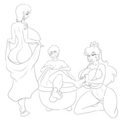 1boy 2girls bath bathtub bikini black_and_white feet female foot_massage foot_worship kiss_mark large_breasts male marauder6272 mario_(series) monochrome multiple_girls nami nintendo one_piece original_character princess_peach soles towel undressing zedex