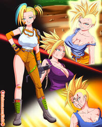 blood blue_eyes bodysuit boots breasts bulma_briefs busty cleavage cosplay dragon_ball dragon_ball_z female female_only gloves goggles goku gold_hair machine_gun majin_mark original_character reit roxy_(reit) rule_63 saiyan son_gohan son_goku super_saiyan super_saiyan_2 torn_clothes vegeta voluptuous