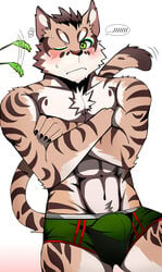 2018 anthro bearlovestiger13 blush bulge feline green_eyes male male_only mammal nekojishi shu-chi simple_background solo white_background