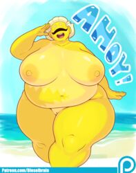 :d belly big_belly big_breasts blonde_hair breasts closed_eyes cyclops dialogue dieselbrain english_text female hair hi_res huge_breasts humanoid navel nipples nude obese open_mouth overweight overweight_female patreon pussy short_hair solo sucy suntan tan_line teeth text thick_thighs tongue url wide_hips yellow_skin