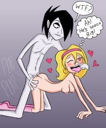 2d_(artwork) black_hair blonde_female breasts doggy_style emo emo_boy emoboy eyeliner nude penetration pink_socks preppy sex skinny speech_bubble tongue_out