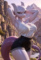 mewtwo pokemon pokemon_(species) legendary_pokemon perfect_body skin shiny large_breasts sexy anthro facing_viewer looking_at_viewer cute creature white armpits hands behind head smile horny aroused bedroom eyes standing shorts tank top shirt in voluptuous large breasts mountain trees holdsteady tagme ai_generated ai_assisted patreon patreon_username
