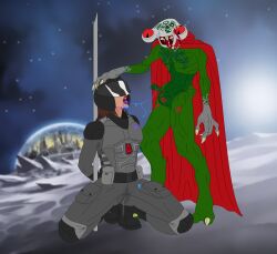 1boy 1boy1girl 1girls 2_toes alien/human alien_humanoid aphrodisiac badge blue_cum body_armor boots bound_hands bound_wrists brunette cape clawed_fingers clawed_toes claws cloak clothed cum_drip cum_in_mouth cum_string exotic_penis facial green_body green_penis green_skin handcuffed handcuffs interspecies lego lego_space lego_space_police light-skinned_female lipstick lipstick_mark lipstick_on_penis long_fingernails long_tongue monster muscular_thighs pauldrons police_officer policewoman purple_cum red_eyes red_lipstick saliva saliva_trail salivating skeletal slit_pupils smile splotches_(marking) squid squidman(p-squiddy) thin_arms unusual_genitalia vest visor xenophilia