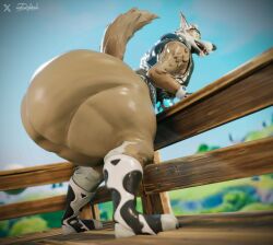 animal_print anthro bent_over big_butt brown_body brown_fur butt canid canine clothing cow_print curvy_figure diorenders dwrenders epic_games fence fortnite fur hi_res huge_butt hyper hyper_butt leaning leaning_forward male mammal smile solo topwear vest voluptuous wendell_(fortnite) yellow_sclera