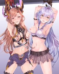 2girls after_sex ahoge arms_up blush bound bound_arms bound_wrists breast_outside breasts brown_hair cum cum_on_clothes facial granblue_fantasy groin hair_ornament highres long_hair midriff multiple_girls myusha navel nipples one_breast_out open_mouth pussy_juice silva_(granblue_fantasy) silver_hair skirt song_(granblue_fantasy) standing_sex tank_top thighhighs tied_up torn_clothes torn_skirt