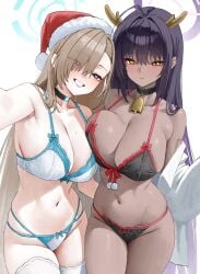 2girls absurdres ahoge antlers armpits asuna_(blue_archive) asymmetrical_bangs asymmetrical_docking bell big_breasts black_bra black_choker black_hair black_panties blue_archive blue_eyes blush bow bow_bra bow_panties bra breast_press breasts brown_hair chocolate_and_vanilla choker cleavage collarbone dark-skinned_female dark_skin eyes_visible_through_hair fur-trimmed_headwear fur_trim groin hair_over_one_eye halo hat highres horns karin_(blue_archive) kono_(xerondan321) large_breasts lingerie long_hair looking_at_viewer mole mole_on_breast multicolored_bra multicolored_panties multiple_girls navel neck_bell panties red_hat santa_hat simple_background smile stomach straight_hair thighhighs thighs two-tone_bra two-tone_panties underwear underwear_only very_long_hair voluptuous voluptuous_female white_background white_bra white_panties white_thighhighs yellow_eyes