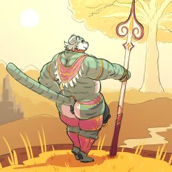 absurd_res accessory anthro anus armlet armor big_butt big_penis bracelet butt clothing collar countershading fantasy felid flaccid furgonomics genital_piercing genitals grass hair hi_res holding_melee_weapon holding_object holding_polearm holding_spear holding_weapon huge_penis jewelry joe_(joebluefox) joebluefox landscape legwear looking_at_viewer looking_back looking_back_at_viewer male mammal melee_weapon muscular muscular_male outside pantherine penis penis_piercing piercing plant polearm prince_albert_piercing raised_tail rear_view red_sclera ring river shawl solo spear stripes tail tail_accessory tail_jewelry tail_ring thick_thighs tiger tree unconvincing_armor weapon