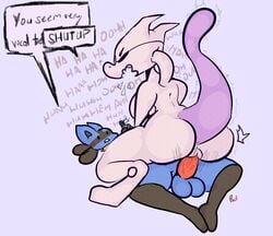 1boy 1girls anthro anus ass back big_ass big_penis black_eyes black_fur blue_fur breasts canine closed_eyes cowgirl_position dialogue duo erection fang feet feline female furry interspecies large_breasts legendary_pokémon looking_up lucario male male_penetrating mewtwo nintendo nude on_back on_top open_mouth paws penetration penis pokemon pokemon_(species) pokemon_dppt pokemon_rgby purple_background pussy riding sex sideboob sirphilliam spread_legs squatting straight tail teeth testicles text thick_penis thick_thighs trembling vaginal_penetration veins veiny_penis video_games yellow_fur