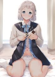 absurdres bare_legs bashosho bed_sheet black_overskirt blue_eyes blue_ribbon blue_skirt blush braid clothes_lift commentary_request cum cum_on_body cum_on_clothes cum_on_hair facial female fingernails gakuen_idolmaster grey_hair hair_ribbon half_up_braid hatsuboshi_gakuen_school_uniform highres idolmaster indoors jacket katsuragi_lilja lifting_own_clothes long_sleeves looking_at_viewer navel neck_ribbon panties ribbon ribbon_braid school_uniform shirt short_hair sitting skirt skirt_lift socks solo stomach textless_version underwear wariza white_jacket white_panties white_shirt white_socks