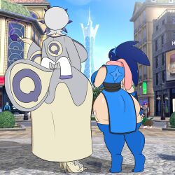 azura_(igphhangout) behind_view behind_view_female from_behind from_behind_view greninja height_difference high_heels igphhangout kimono mizu_(igphhangout) overqwil pokemon shiny_pokemon shorter_female taller_female thick_ass thick_hips thick_thighs