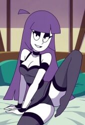 1girls 2025 ai_generated background bed bedroom bedroom_eyes civitai cleavage d3rmal dress female female_focus female_only half-closed_eyes leg_up lila_(spooky_month) long_hair long_sleeves looking_at_viewer medium_breasts naughty pale_skin panties purple_hair sexy_pose sleeves smile solo spooky_month tagme teeth thighhighs thighs white_skin