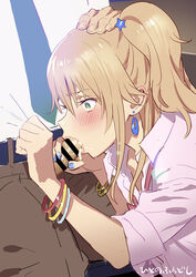 1boy aihara_yuzu armband bar_censor belt blonde_hair blush censored citrus_(saburouta) clothing cum cum_in_mouth earrings fellatio female green_eyes gyaru hair_ornament jewelry nail_polish oral penis saliva star star_hair_ornament straight yukiyoshi_mamizu