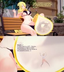 1futa 1girls 3d bikini black_hair blonde_hair condom condom_filling cum cum_in_condom cynthia_(pokemon) drowning_in_cum ejaculation english_text female futa_giantess futanari giantess giantess_futa huge_cock intersex koikatsu nemona_(pokemon) nintendo penis pokemon pokemon_dppt pokemon_sv shrinking shrunken_female size_difference swimsuit text trapped_in_condom xavierhuge