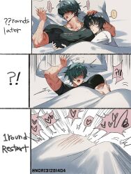 asaba_harumasa bedding_background big_bottom_small_top bite_marks blush blush_lines gay green_hair hoyoverse implied_sex lighter_(zenless_zone_zero) multiple_rounds nori31291404 pillow scars small_dom_big_sub yaoi zenless_zone_zero
