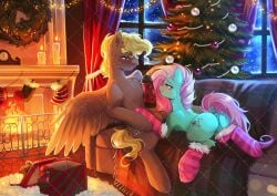 1boy 1girls anatomically_correct animal_penis anus ass blonde_hair blush candle christmas christmas_stocking christmas_tree clock compass_star_(mlp) couch dock duo earth_pony eyebrows fire fireplace friendship_is_magic fur fur-trimmed_legwear genitals gift gift_box green_body green_eyes green_fur grey_body grey_fur indoors legwear legwear_only mare medium_hair minty_(mlp) my_little_pony night night_sky pegasus penis pink_hair pink_tail ponut pony purple_eyes pussy red_legwear red_socks sky smile snow socks socks_only stallion striped_legwear striped_socks tail tree tyutya_loh123 window wings yellow_tail