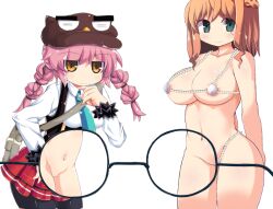 2girls animal_hat aqua_necktie areola_slip arms_behind_back bag bike_shorts bikini braid breasts brown_hair choice_(xtmm5285) closed_mouth collarbone collared_shirt cowboy_shot crossed_bangs from_side game_cg glasses green_eyes hair_between_eyes half_up_braid hand_on_own_chin hat henao_(lattice_sos!) jitome large_breasts large_variant_set lattice_(lattice_sos!) lattice_sos!_~happening&panic~ leaning_forward long_hair long_sleeves low_twin_braids medium_breasts medium_hair multiple_girls necktie non-web_source pink_hair pleated_skirt pussy red_skirt scrunchie shell shell_bikini shirt shorts shorts_under_skirt shoulder_bag side-by-side sidelocks simple_background skirt smile standing swimsuit transparent_background twin_braids underbust variant_set white_shirt wrist_scrunchie x-ray x-ray_glasses x-ray_vision yellow_eyes