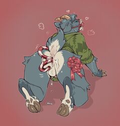 all_fours anal_fluids_on_food anthro ass backsack ball_gag balls bodily_fluids bovid bow_ribbon candy candy_cane candy_cane_in_ass caprine clothing dessert fluids_on_ground food gag genital_fluids genitals goat hi_res hoof_hands hooves horn kinksiyo male mammal penis raised_tail solo sweater tail thesphur_(thesphur) topwear