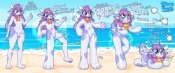 absurd_res anthro beach blissful bovid bovine canid canine canis cattle confusion cowbell domestic_dog english_text fur hair happy hi_res hima_nsfw hybrid inflatable_transformation male mammal null_bulge pawpads pink_bow pooltoy_transformation purple_body purple_fur purple_hair purple_spots sequence shocked simplified_brain solo spots text transformation transformation_sequence