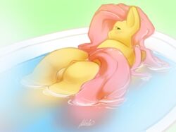 anus ass bath blue_eyes equine female fluttershy_(mlp) friendship_is_magic fur hair horse libido looking_at_viewer looking_back mammal my_little_pony partially_submerged pink_hair pony pussy raised_tail solo straight_hair water wet yellow_fur