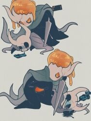 ambiguous_gender arthropod ass black_body black_eyes bodily_fluids broken_vessel_(hollow_knight) calling_for_help chacodoodle cloak cloak_only clothing crying duo english_text from_behind_position genitals glowing glowing_eyes glowing_genitalia glowing_penis green_cloak green_clothing grey_cloak grey_clothing hi_res hollow_knight hollow_knight_(franchise) imminent_rape imminent_sex infected_(species) male male/male melee_weapon mounting nail_(weapon) orange_eyes orange_penis penis pinned pinned_to_ground pose sex team_cherry tears text the_knight_(hollow_knight) vessel_(species) weapon_over_shoulder
