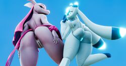 3d_(artwork) absurd_res anthro anus ass big_butt blue_background blue_body blue_eyes blue_genitals blue_markings blue_vulva digital_media_(artwork) duo eyelashes female female_anthro fingers fur genitals glowing glowing_eyes glowing_genitalia glowing_vulva hair hand_on_butt hi_res looking_at_viewer looking_back looking_back_at_viewer looking_down lovander low-angle_view lunaris_(pal) mammal markings multicolored_body multicolored_ears nails nintendo nude nude_anthro pal_(species) palworld pink_anus pink_body pink_fur pink_hair pink_skin pink_vulva pocketpair presenting presenting_hindquarters presenting_vulva purple_eyes rear_view scalie short_tail simple_background smile tail theant/thedirtyant thedirtyant thick_thighs vulva white_body