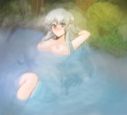 areolae arm_behind_head arms bare_arms bare_breasts bare_legs bare_midriff bare_shoulders blush breasts deirdre_(fire_emblem) female female_only fire_emblem fire_emblem:_genealogy_of_the_holy_war forest happy headband hips in_water knees laying laying_down legs legs_crossed legs_raised legs_together long_hair looking_at_viewer lying lying_down lying_on_back midriff naked navel nintendo nipples nude pond pool relaxed relaxing resting silver_eyes silver_hair sitting smile spring thick_hips tridisart underwater water wide_hips woods