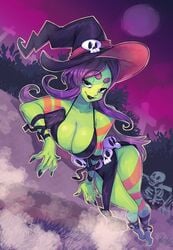 1girls black_lips black_lipstick breasts cleavage colored_skin green_skin hat lipstick long_hair lying makeup moon nail_polish purple_hair rafchu skela_the_witch skeleton skull smile solo tattoo tombstone witch_hat