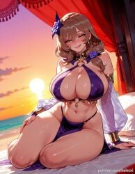 ai_generated balecxi bare_shoulders beach bikini blush breasts brown_hair cleavage covered_nipples detached_sleeves female genshin_impact green_eyes hair_flower hair_ornament hoop_earrings jewelry lisa_(genshin_impact) long_hair looking_at_viewer navel o-ring patreon_username pelvic_curtain purple_flower purple_rose see-through see-through_sleeves sitting smile solo sunset thighs yokozuwari