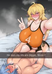 1boy 1girls big_breasts bite_mark bite_mark_on_shoulder blonde_hair blue_hair blush clothed_female_nude_male cowgirl_position daruko536 english_text female grin grinning_at_viewer gym_clothes heart heart-shaped_pupils heavy_blush long_hair looking_at_viewer male moaning muscular muscular_male nude nude_male original_character pussy rwby selfie sex smiling smiling_at_viewer snapchat text thick_thighs v_sign very_high_resolution workout_clothes yang_xiao_long