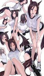 air_groove_(umamusume) arms_up big_breasts blue_eyes breath brown_hair buruma dark_brown_hair dark_hair eyeliner eyeshadow full_body fully_clothed gym_uniform hair_ornament heavy_breathing horse_ears horse_girl horse_tail looking_at_viewer makeup multiple_poses multiple_scenes reo_nil short_hair sneakers stretching towel umamusume umamusume_pretty_derby