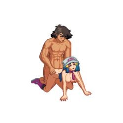 1boy 1girls abs all_fours alpha_channel alternate_breast_size animated areolae ass ass_grab back belly big_breasts blue_eyes blue_hair blush boots breasts brown_eyes brown_hair dark-skinned_male dark_skin dawn_(pokemon) doggy_style female half-closed_eyes hands_on_ass hat human interracial kneeling looking_down male muscular_male navel nintendo nipples nude open_mouth pixel_art pokemon pokemon_dppt pomopix satoshi_(pokemon) sex shoes short_hair smile spread_legs straight transparent_background