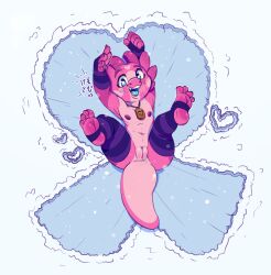 2021 anthro areola arm_warmers armwear blue_eyes clothing eyebrows female flat_chested happy heart_symbol hi_res horn jewelry kemotobi kobold legwear necklace nipples nonbinary_(lore) open_mouth pink_body scalie smile snow solo tabia_(kemotobi) teeth thigh_highs tongue