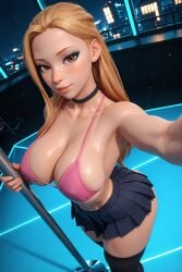 1girls 3d 3d_(artwork) ai_generated big_ass big_breasts bikini blonde_hair busty cleavage freckles long_hair naughty_face pleated_skirt radnsad sindy(oc) skirt solo solo_female solo_focus stripper stripper_pole thick_ass thick_thighs