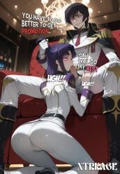 1boy 1girls ai_generated ass blowjob bubble_butt cecile_croomy chair cheating cheating_girlfriend code_geass english_text evil_grin fellatio forced hair_grab hair_pull hi_res highres kneeling kneeling_oral_position lelouch_lamperouge luxury master military military_uniform mind_control netorare ntr ntrkage oral sitting sitting_on_chair slim_waist smile smug thick_thighs