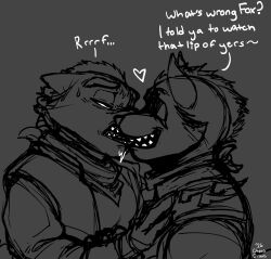 anthro bite biting_lip chaosdraws dialogue duo fox_mccloud heart_symbol hi_res kissing male male/male monochrome nintendo star_fox teeth wolf_o'donnell
