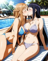 ai_generated bikini blue_bikini closed_eyes female female_only hyuuga_hinata kissing lesbian_kiss naruto naruto_(series) pool purple_bikini sword_art_online yuri yuuki_asuna