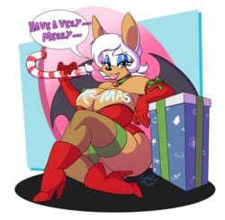 2015 alpha_channel anthro bat big_breasts boots breasts candy candy_cane christmas cleavage clothed clothing female food footwear gift gloves hi_res high_heels holidays huge_breasts improvised_dildo improvised_sex_toy legwear mammal membranous_wings rouge_the_bat shoes solo sonic_(series) stockings teer wings