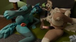 16:9 3d_(artwork) 4k absurd_res anatomically_correct anatomically_correct_genitalia anatomically_correct_vulva animal_genitalia animal_vulva anthro bed bedroom bedroom_eyes belly_nipples black_claws black_nails blender_(artwork) blender_eevee_(artwork) blue_body blue_fur blue_hair breasts brown_body brown_fur butt canid canine canine_genitalia canine_vulva canis claws colored_nails coyote digital_media_(artwork) duo facial_piercing female fur furniture furniture_lamp genitals green_hair hair hi_res hyena kinktober kinktober_2025 looking_at_viewer mammal nails narrowed_eyes nipple_piercing nipples nose_piercing nose_ring on_bed piercing pink_vulva presenting presenting_hindquarters pseudo-penis purple_nipples purple_vulva raised_leg red_nipples red_vulva ring_piercing seductive somesnowleopard tan_body tan_fur tongue tongue_out vulva widescreen