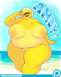 :d big_breasts blonde_hair breasts closed_eyes cyclops dialogue dieselbrain english_text female hair hi_res huge_breasts humanoid navel nipples nude open_mouth overweight patreon pussy short_hair solo sucy suntan teeth text thick_thighs tongue url wide_hips yellow_skin