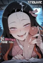 1boy 1girls ai_generated brother_and_sister cheating cum cum_in_mouth cum_on_face cum_on_hair demon_slayer english_text handjob hi_res highres huge_cock incest kamado_nezuko kamado_tanjirou kimetsu_no_yaiba male_pov nezuko_kamado ntrkage open_mouth pov pov_handjob pov_male precum precum_drip veiny_penis