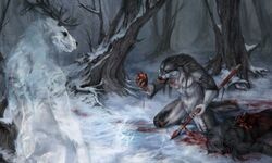 2018 anthro antlers black_lips black_nose blood canine day detailed_background digital_media_(artwork) gore holding_object holding_weapon horn kneeling mammal melee_weapon outside polearm spear weapon wolf wolnir