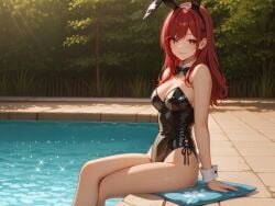 1boys 1girls ai ai_art ai_generated brown_eyes brown_hair bunny_ears bunny_girl bunnygirl bunnysuit hori_kyouko horimiya pool poolside