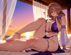 ai_generated anklet balecxi bare_shoulders barefoot bikini blush brown_hair covered_nipples detached_sleeves feet female foot_out_of_frame genshin_impact green_eyes hair_flower hair_ornament jewelry knee_up large_breasts legs lisa_(genshin_impact) long_hair looking_at_viewer navel nipples patreon_username pelvic_curtain purple_flower purple_rose see-through see-through_sleeves sitting smile solo sunset swimsuit thighlet thighs toenails toes