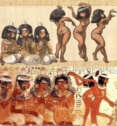 6girls ancient_egypt ass barefoot breasts clothed_female_nude_female dancing dark-skinned_female dark_skin double_flute egyptian female female_only fine_art_parody flute functionally_nude ironlily jewelry musical_instrument nude reference_image reference_inset tagme thong thong_only vanishlily wig