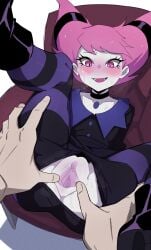 1boy 1girls blush boots chair choker clitoral_hood clitoris dc geerux jinx_(dc) open_mouth partial_male pink_eyes pink_hair pussy solo_focus spread_pussy straight striped striped_legwear sweat teen_titans torn_clothes